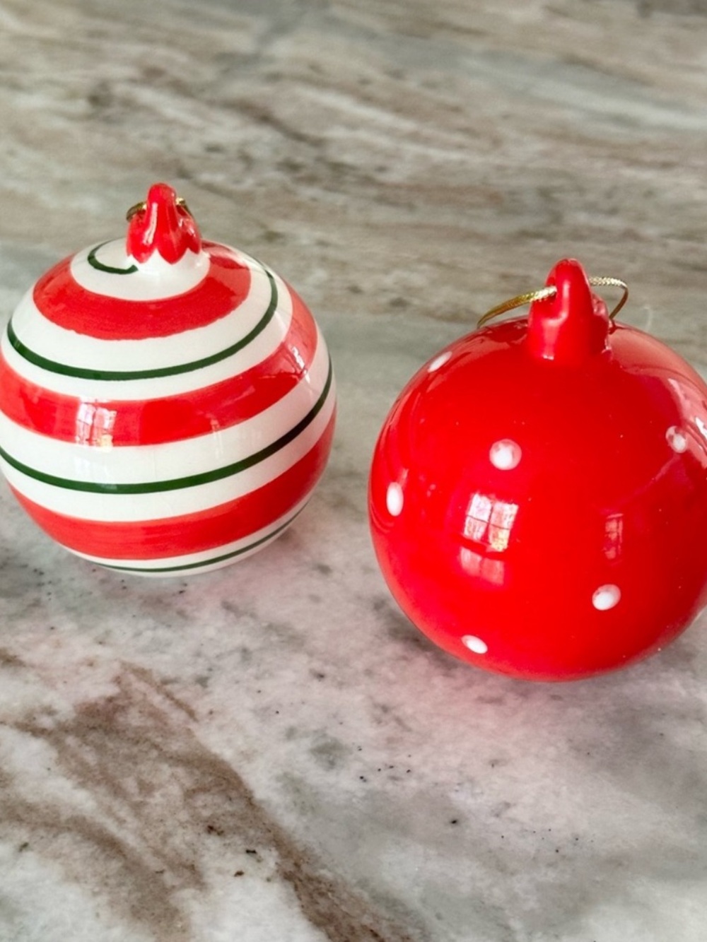 Ceramic Christmas Ornaments Red, White & Green Polka Dot & Stripes- Set of 2